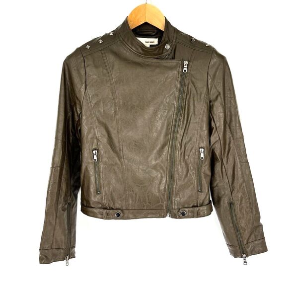 Sans Souci Jackets & Blazers - SANS SOUCI Brown Faux Leather Studded Moto Jacket Size S‎ Crop Long Sleeve Zip